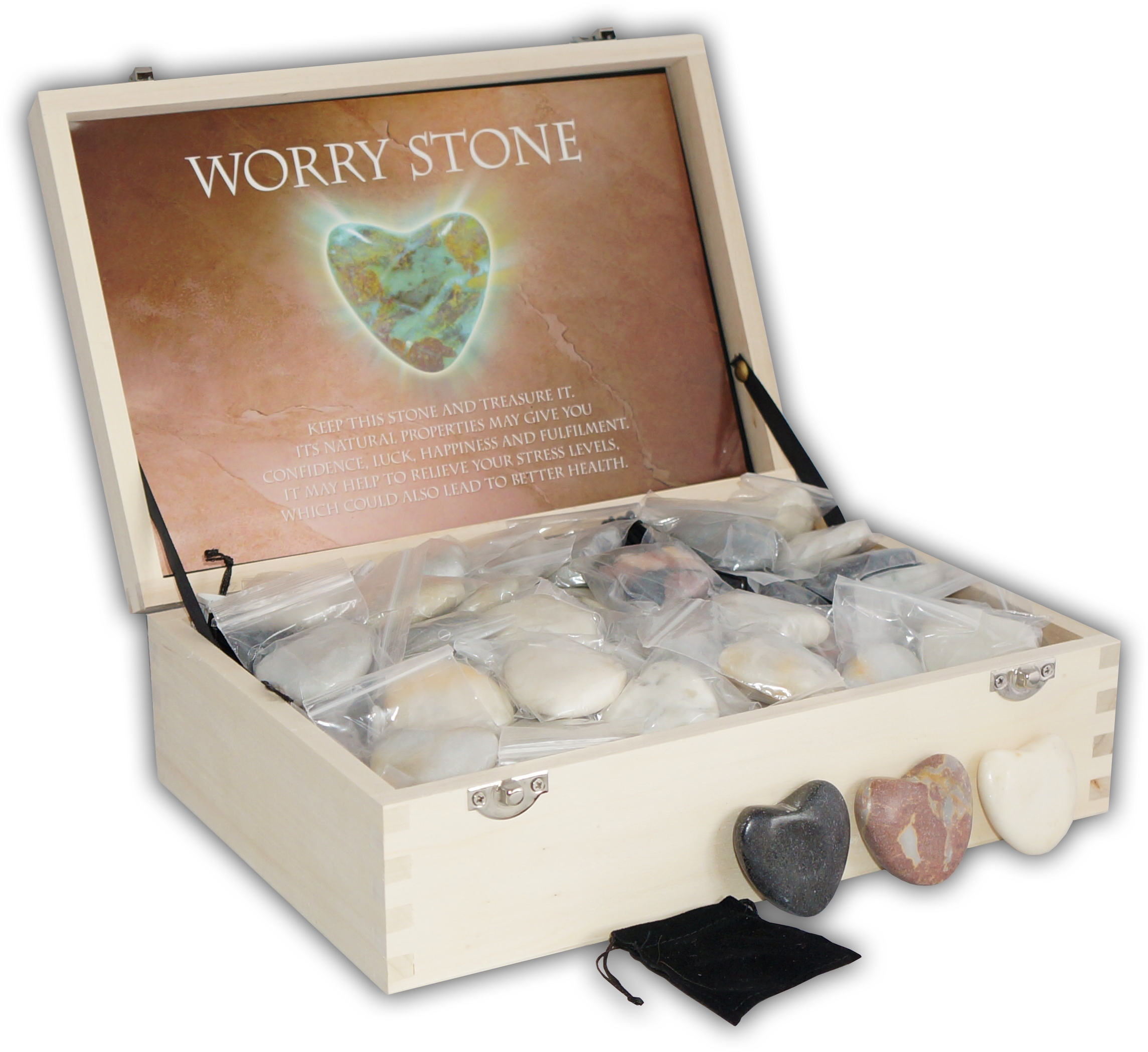 WORRY STONE,Heart Shape Polished In Bag Wood Box CDU [Packs Only]