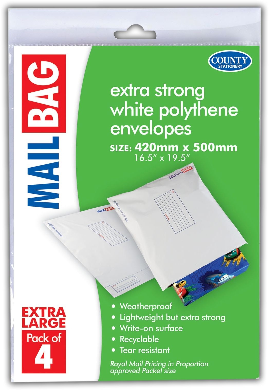 MAIL BAG,Poly 42x50cm 4`s (Extra Large) H/pk 75 Micron C [Packs Only]