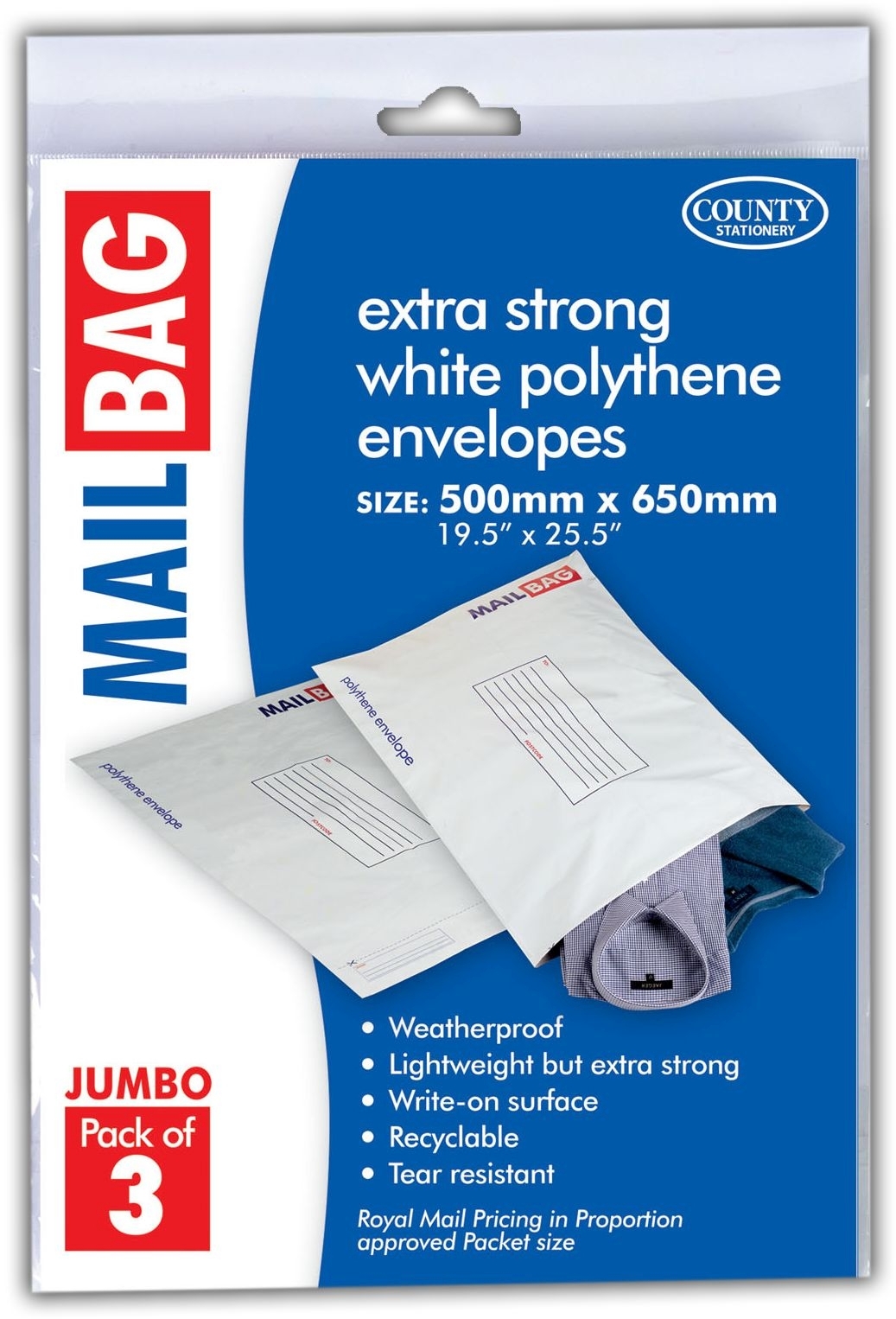 MAIL BAG,Poly 50x65cm 3`s (Jumbo) H/pk 75 Micron C263 [Packs Only]