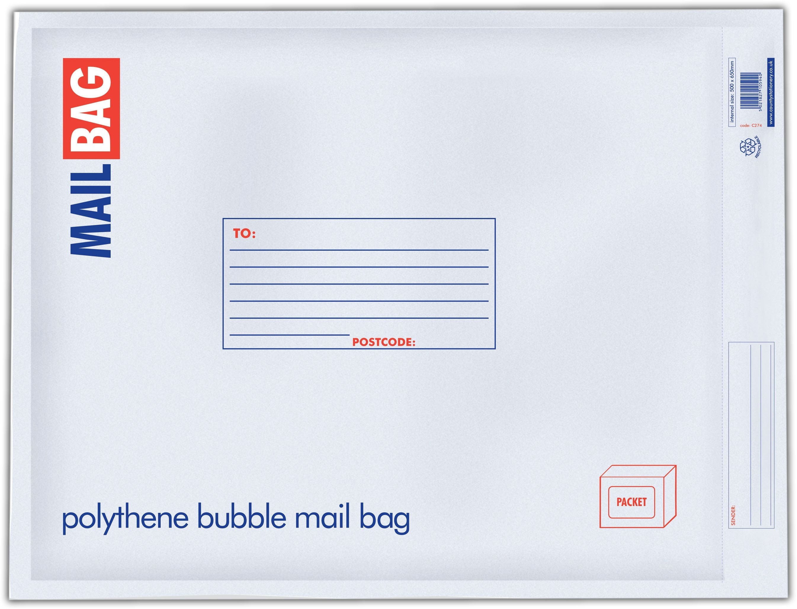 MAIL BAG,Poly Bubble Self Seal 500x650mm (Jumbo) C274 [Packs Only]