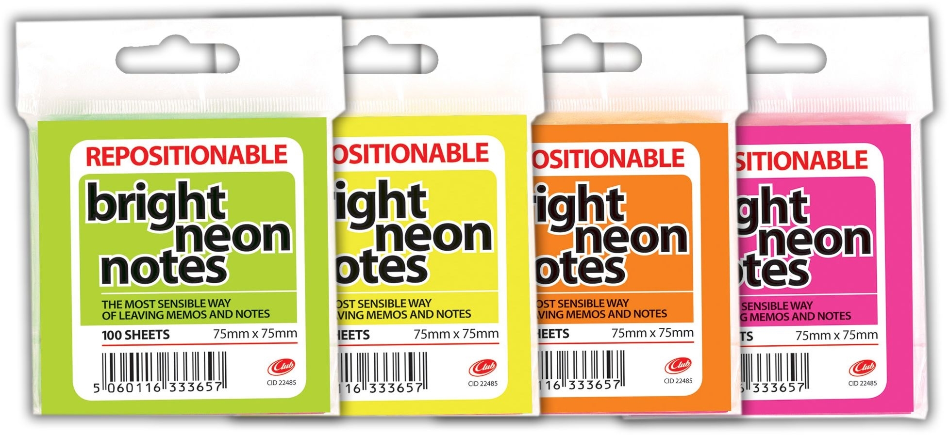 STICK ON NOTES,Bright Neon 75x75mm H/pk CG21132 [Packs Only]