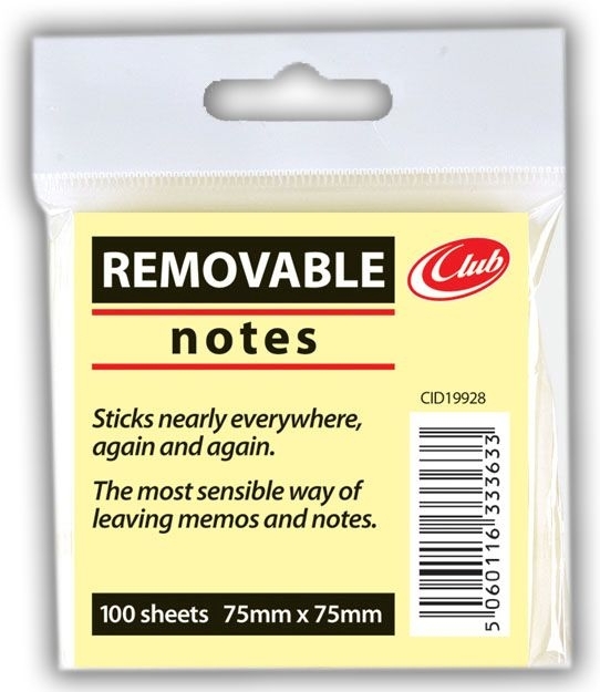 REMOVABLE NOTES,Yellow 75x75mm 100`s,H/pk CG21198 [Packs Only]