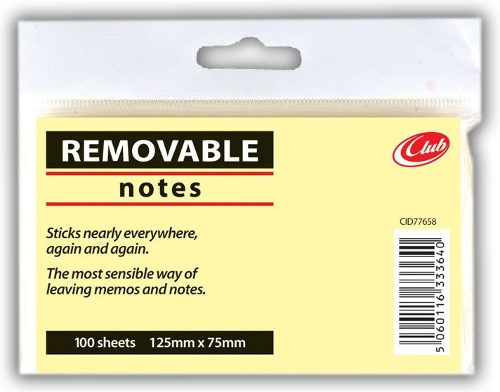 REMOVABLE NOTES,Yellow,5x3in 125x75mm,100`s H/pk CG21199 [Packs Only]