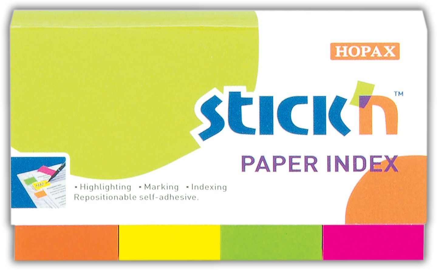 STICK ON INDEX NOTES,Neon 4`s 50x20mm (Hopax) [Splittable]