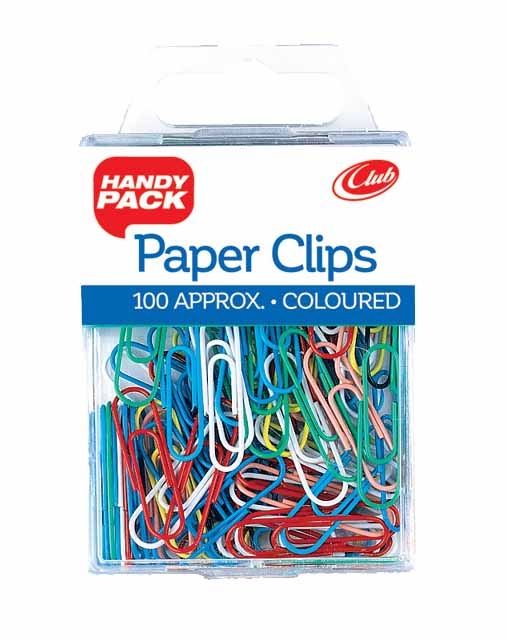 PAPER CLIPS,Asst.Cols 28mm 100`s H/pk (Handy Pack) CB590 [Packs Only]