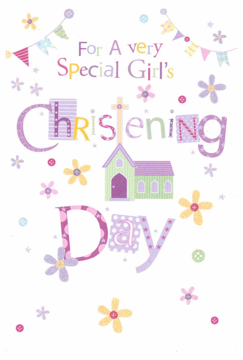 CHRISTENING CARDS,Baby Girl 6`s Bunting & Flowers