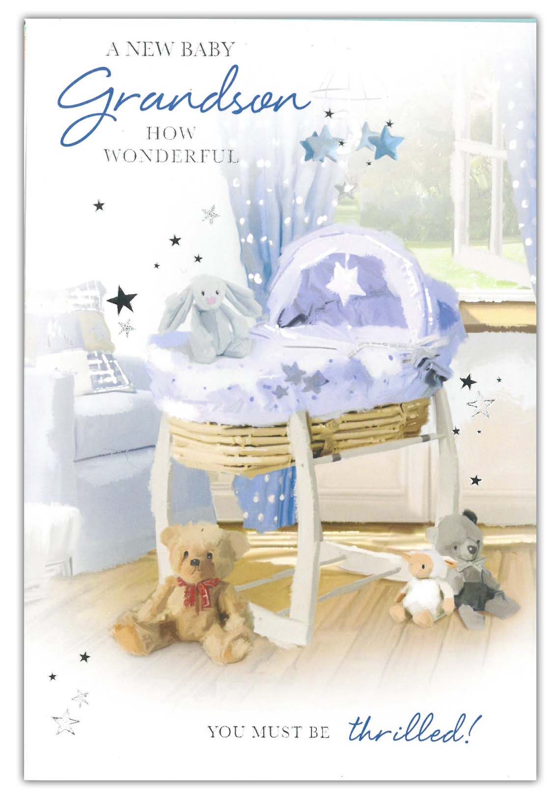 GRANDSON CONGRATS. CARDS,6`s Cot & Soft Toys