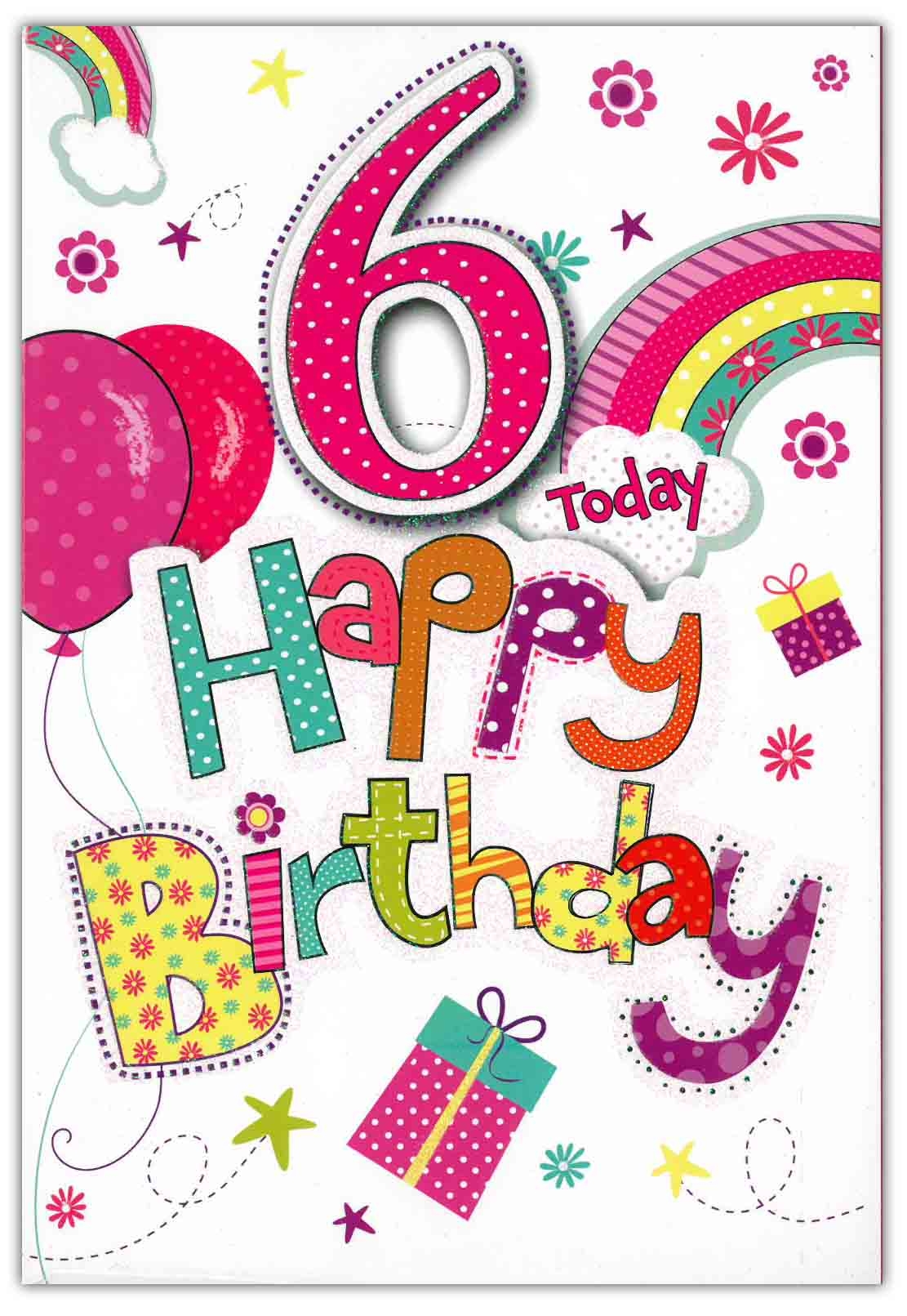 AGE 6 CARDS,Female 6`s Balloons & Rainbows