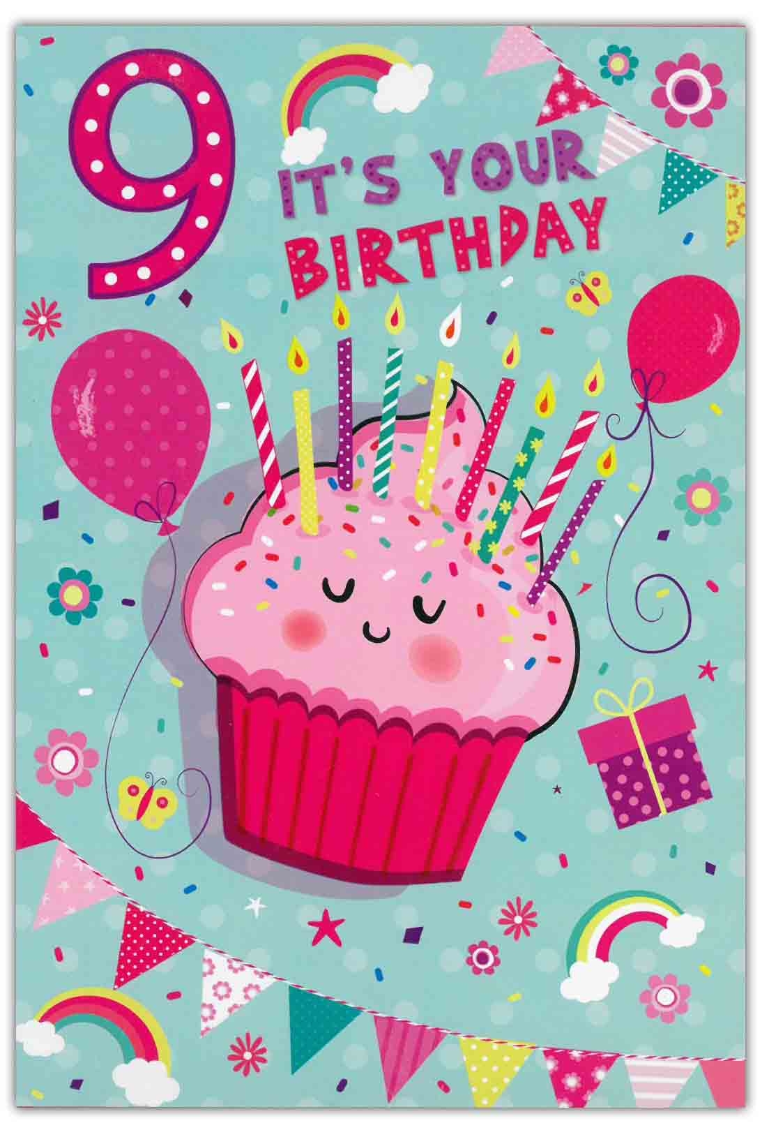 AGE 9 CARDS,Female 6`s Cake Balloons Presents