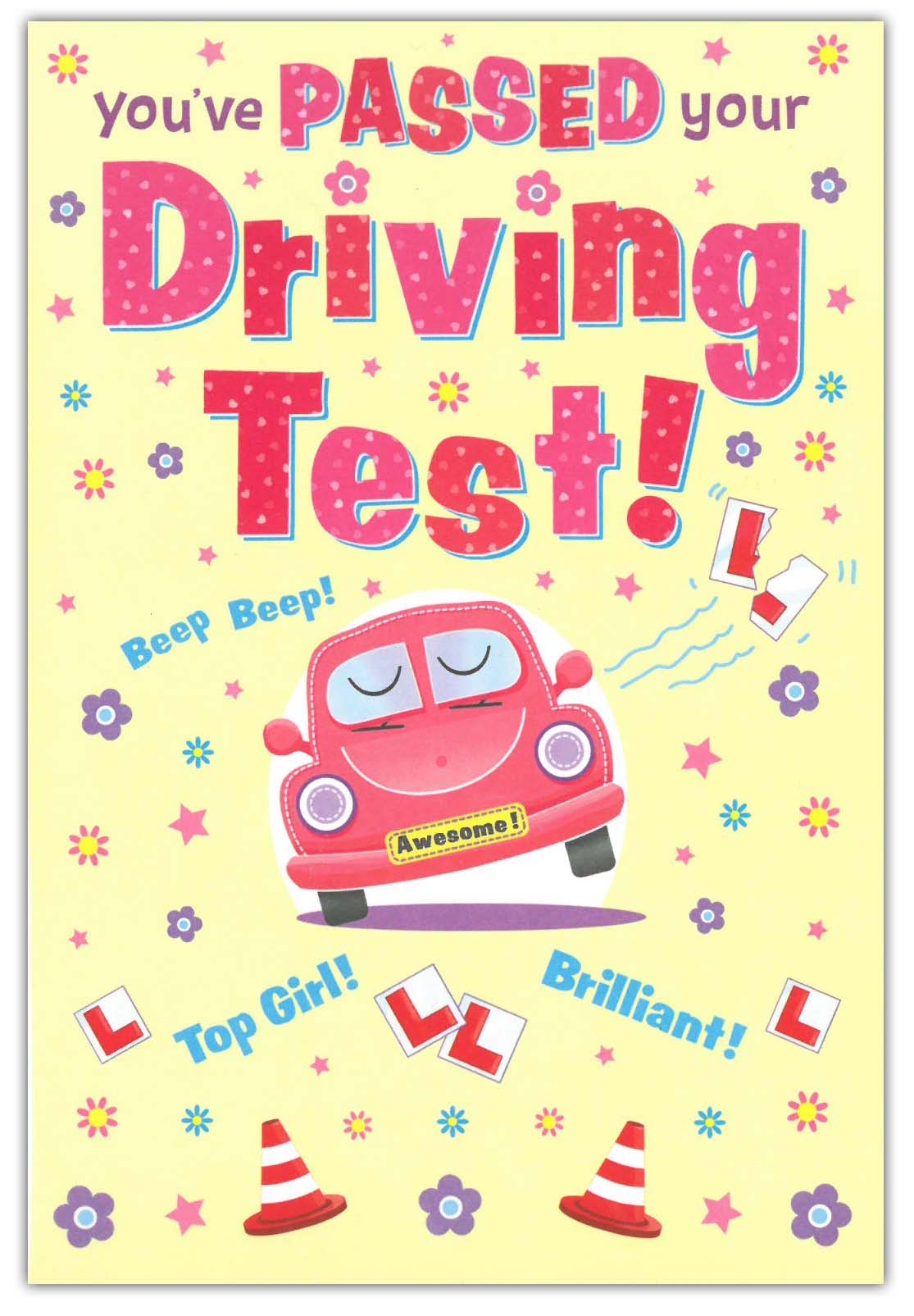 DRIVING TEST PASS CARDS,6`s Female Car, Cones & L-Plates