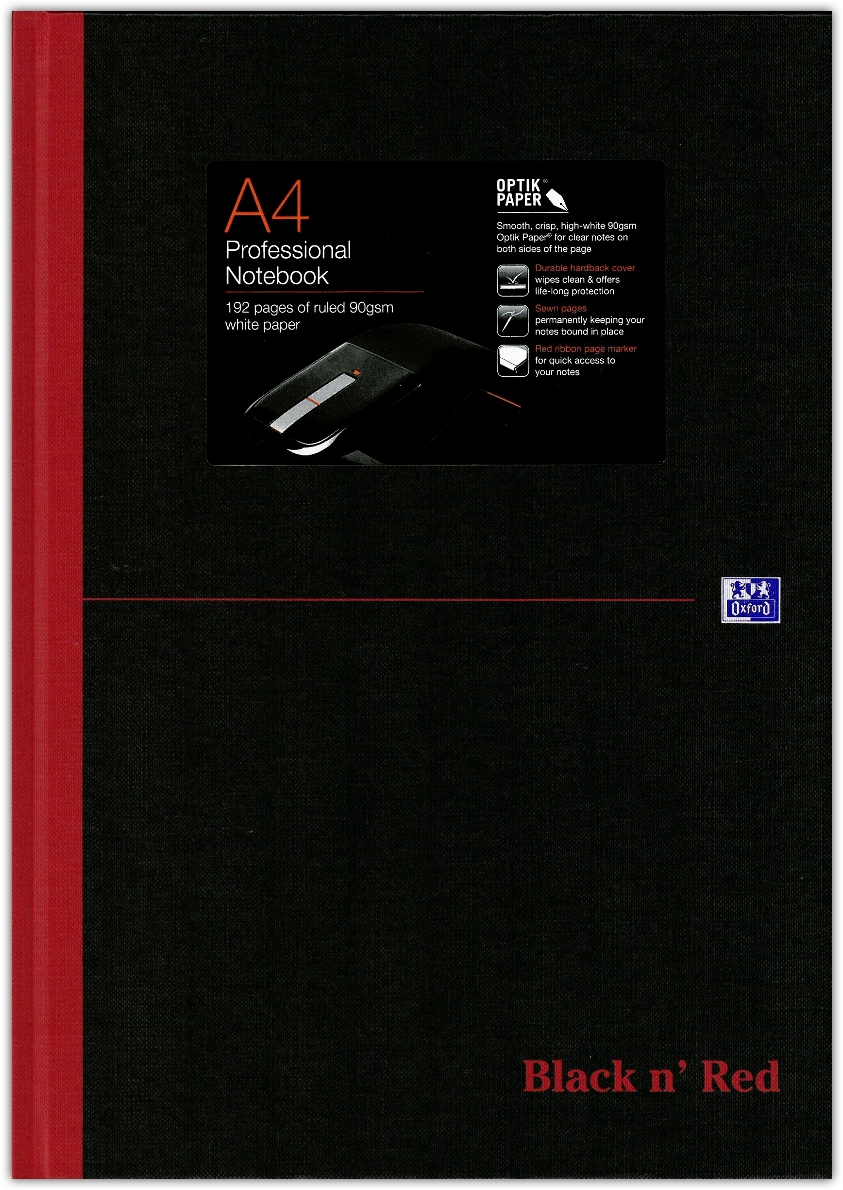 NOTEBOOK,Black N`Red Hardback A4 Feint 192pg [Splittable]