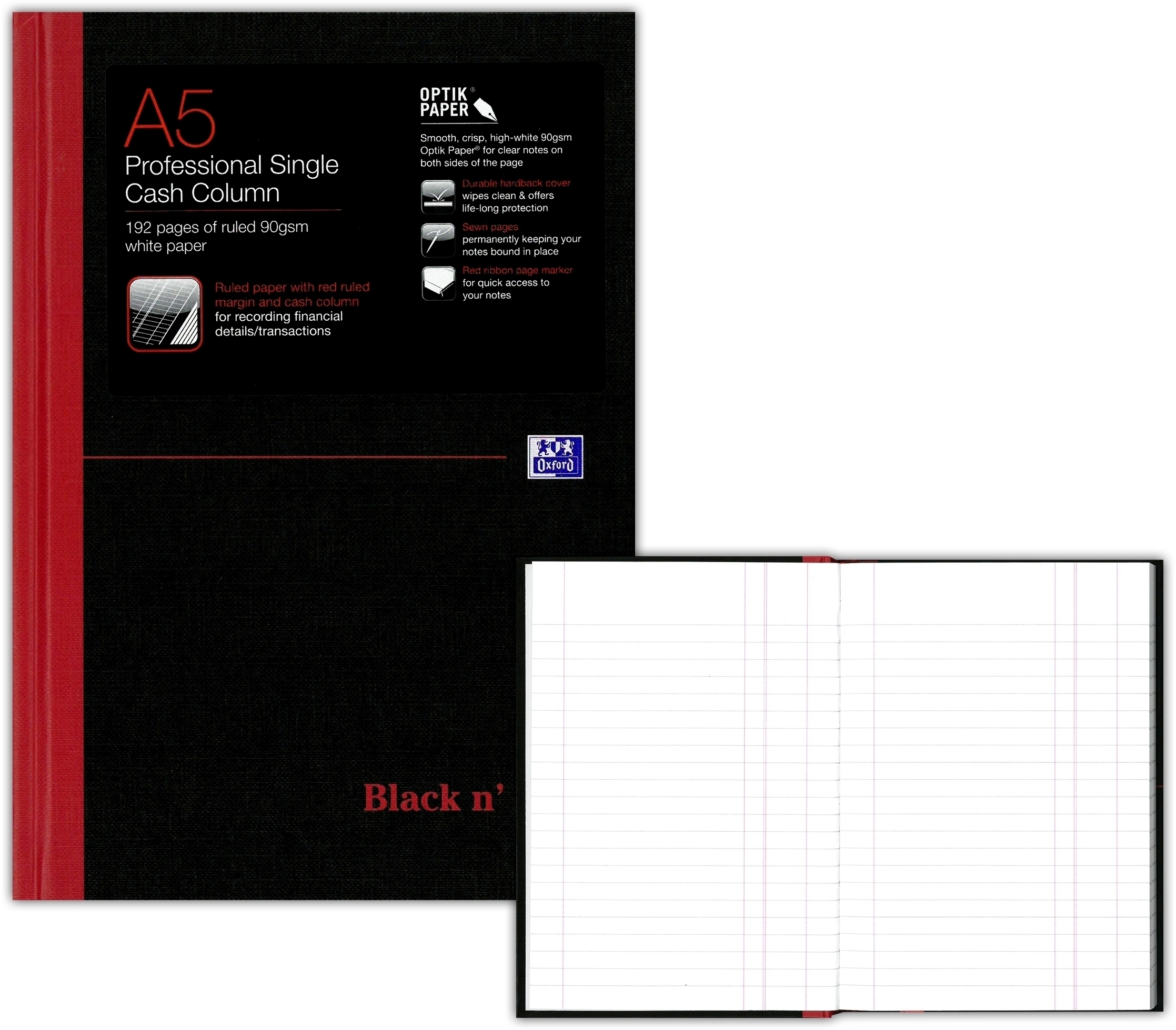 NOTEBOOK,Black N`Red Hardback A5 Cash 192pg [Splittable]