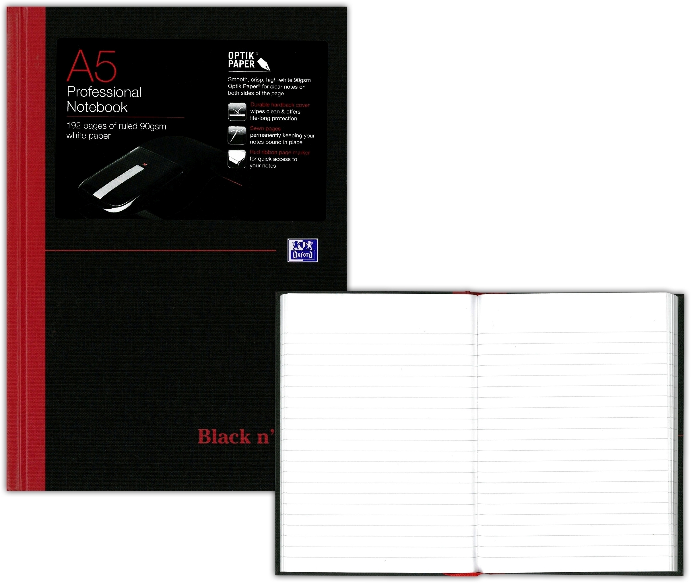 NOTEBOOK,Black N`Red Hardback A5 Feint 192pg [Splittable]