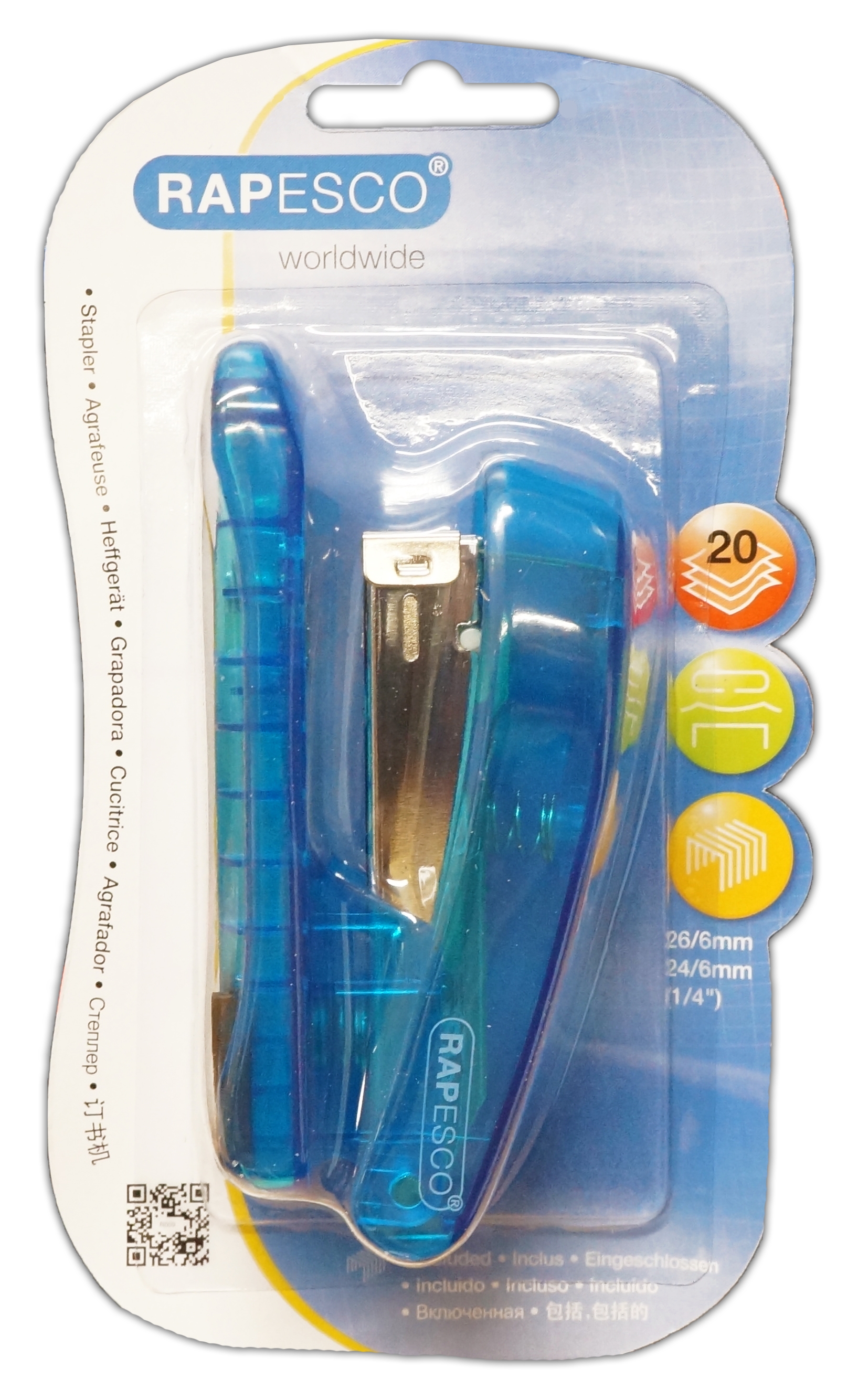 STAPLER,26/6 Rapesco Snapper See Thru, Blue, 20 Sheet, H/pk