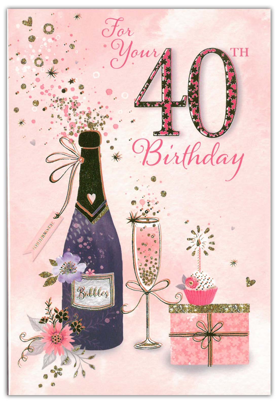 AGE 40 CARDS,Female 6`s Champagne Flute & Cupcake
