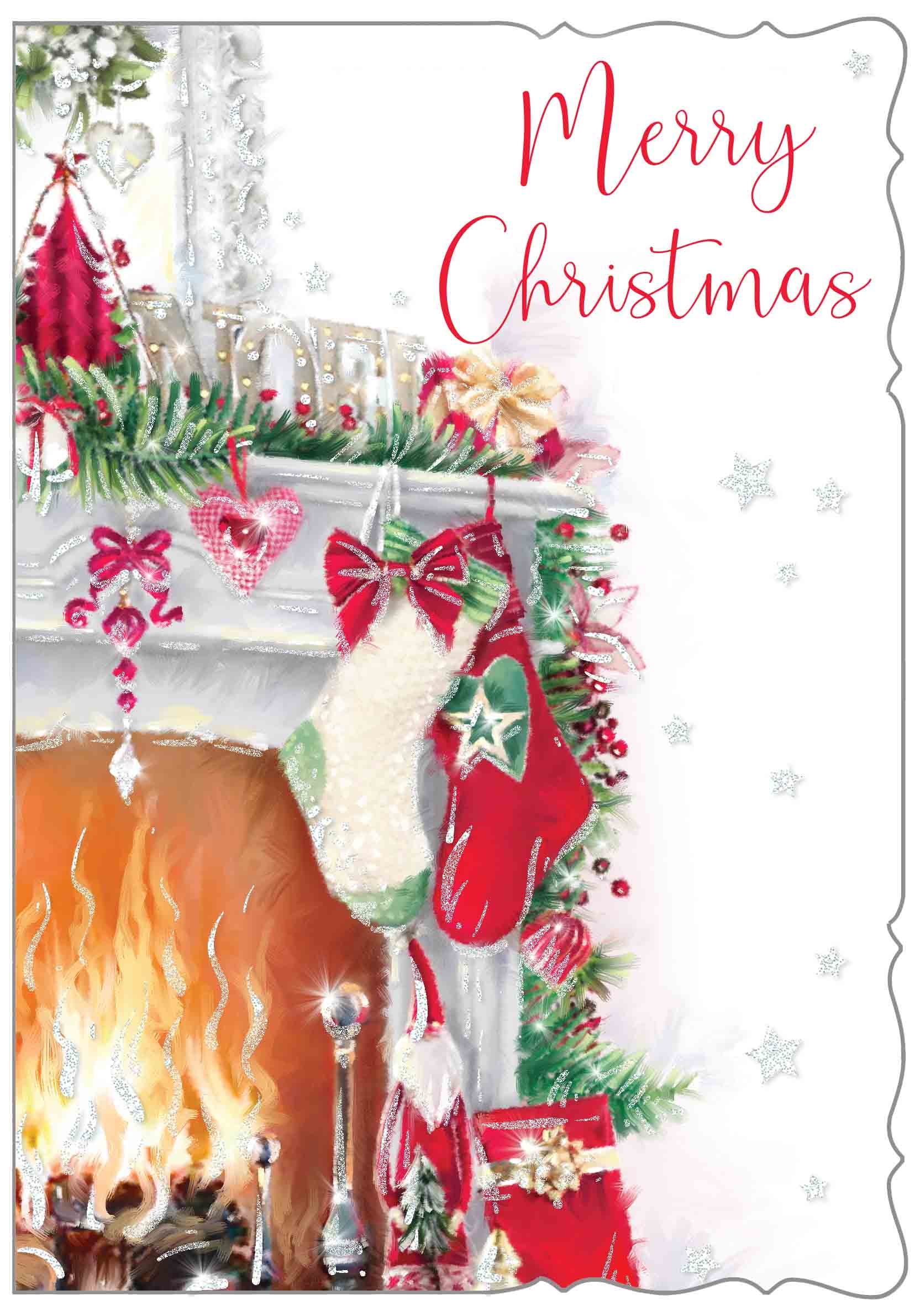 XMAS CARDS,Open 6`s Stockings on the Fireplace