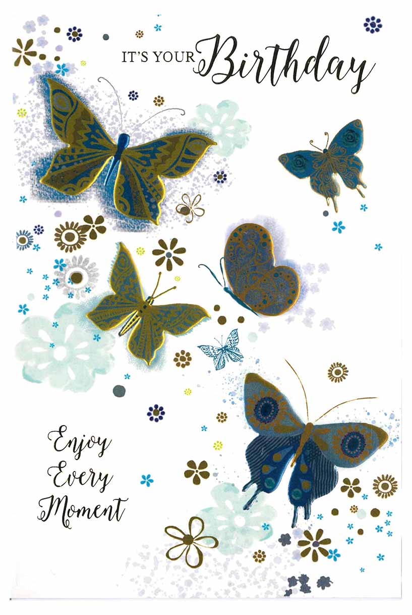 BIRTHDAY CARDS,6`s Gold & Blue Butterflies