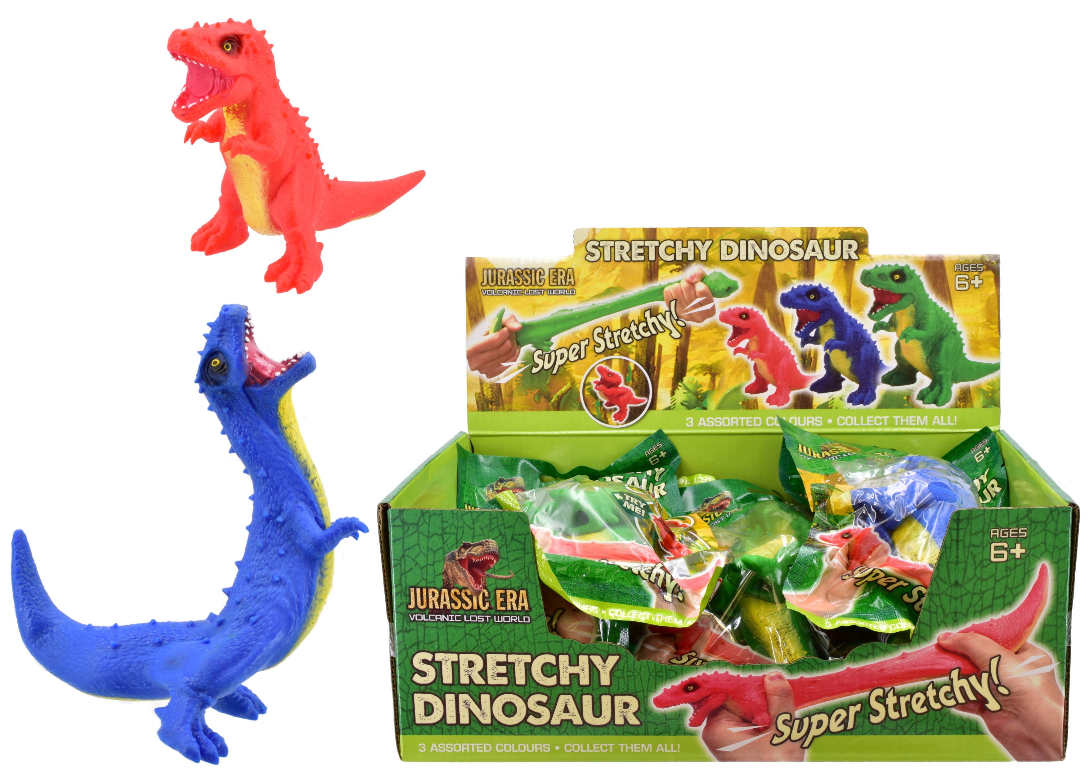 DINOSAUR STRETCHY 3 Asst Col 18cm H/pk CDU [Packs Only]