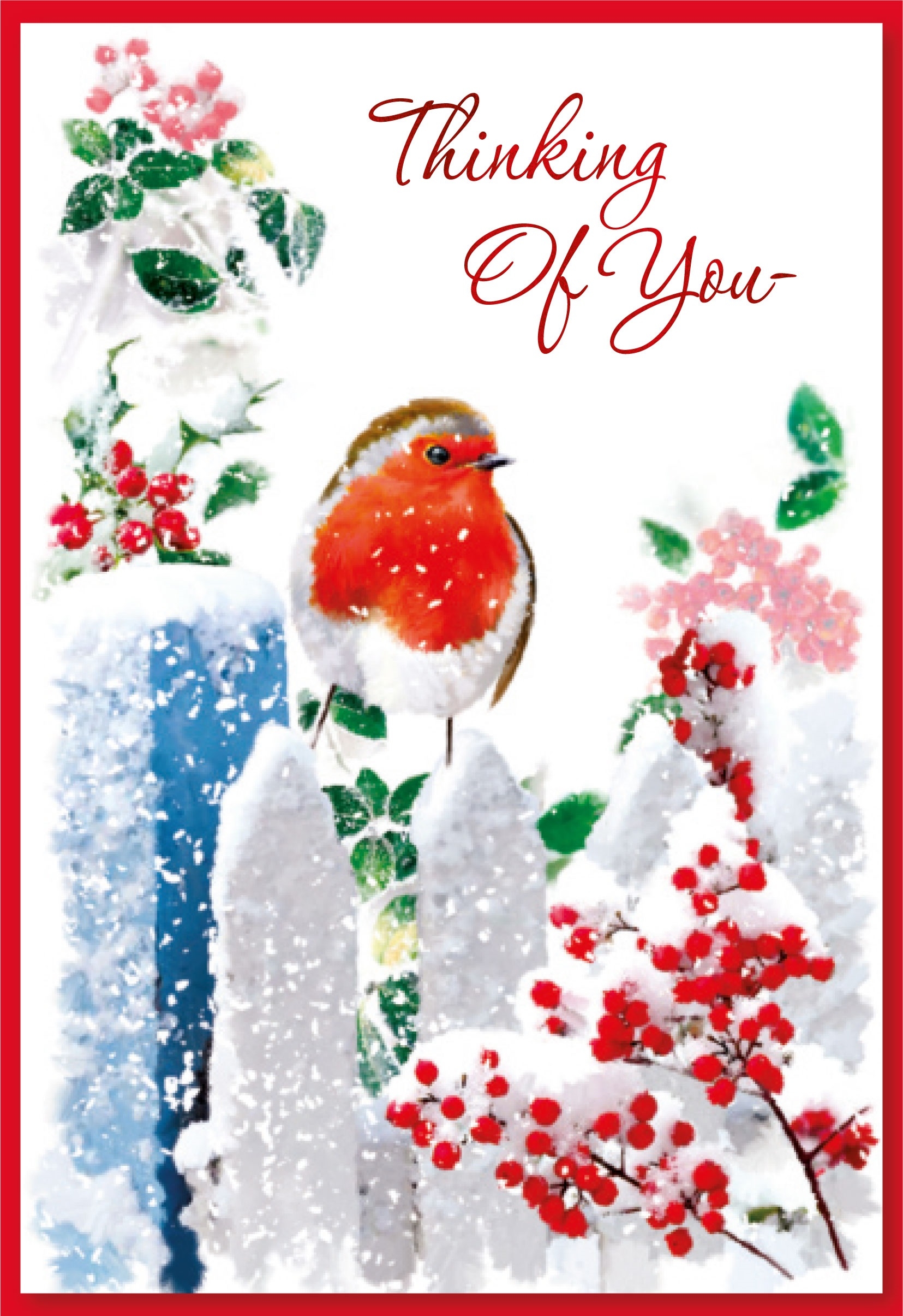 XMAS CARDS,Thinking of You 6`s Robin on Snowy Fence
