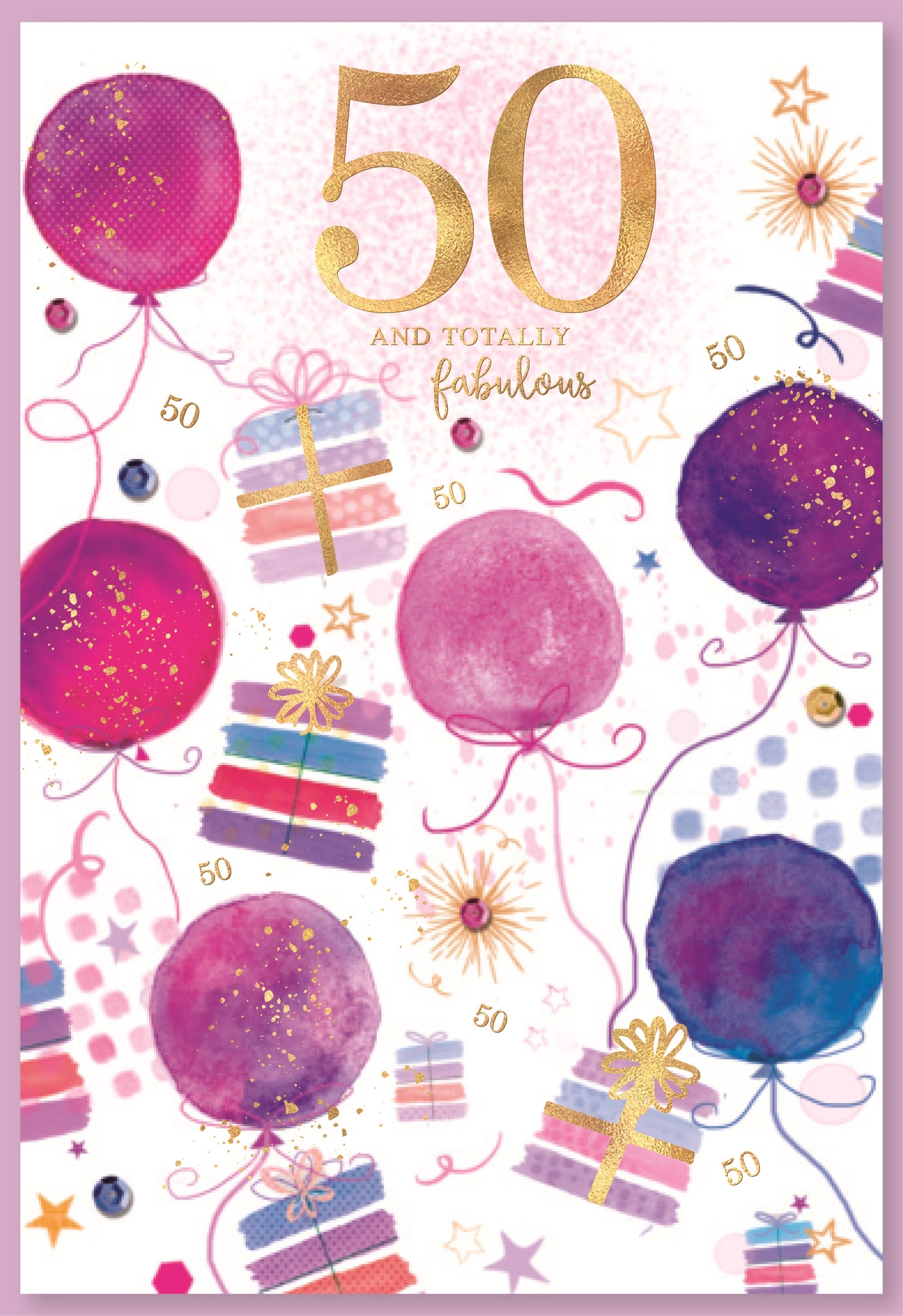 AGE 50 CARDS,Female 6`s Balloons & Presents
