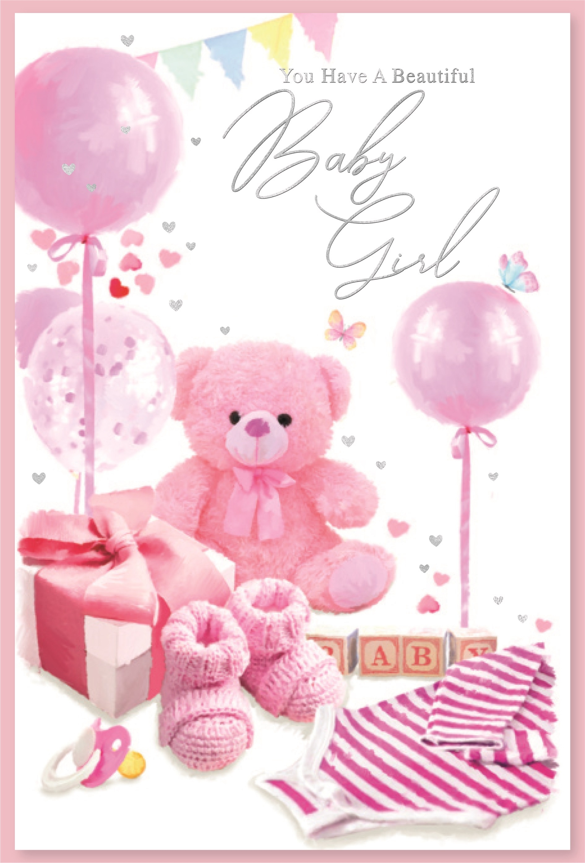 BABY GIRL CONGRATS. CARDS,6`s Pink Teddy & Presents