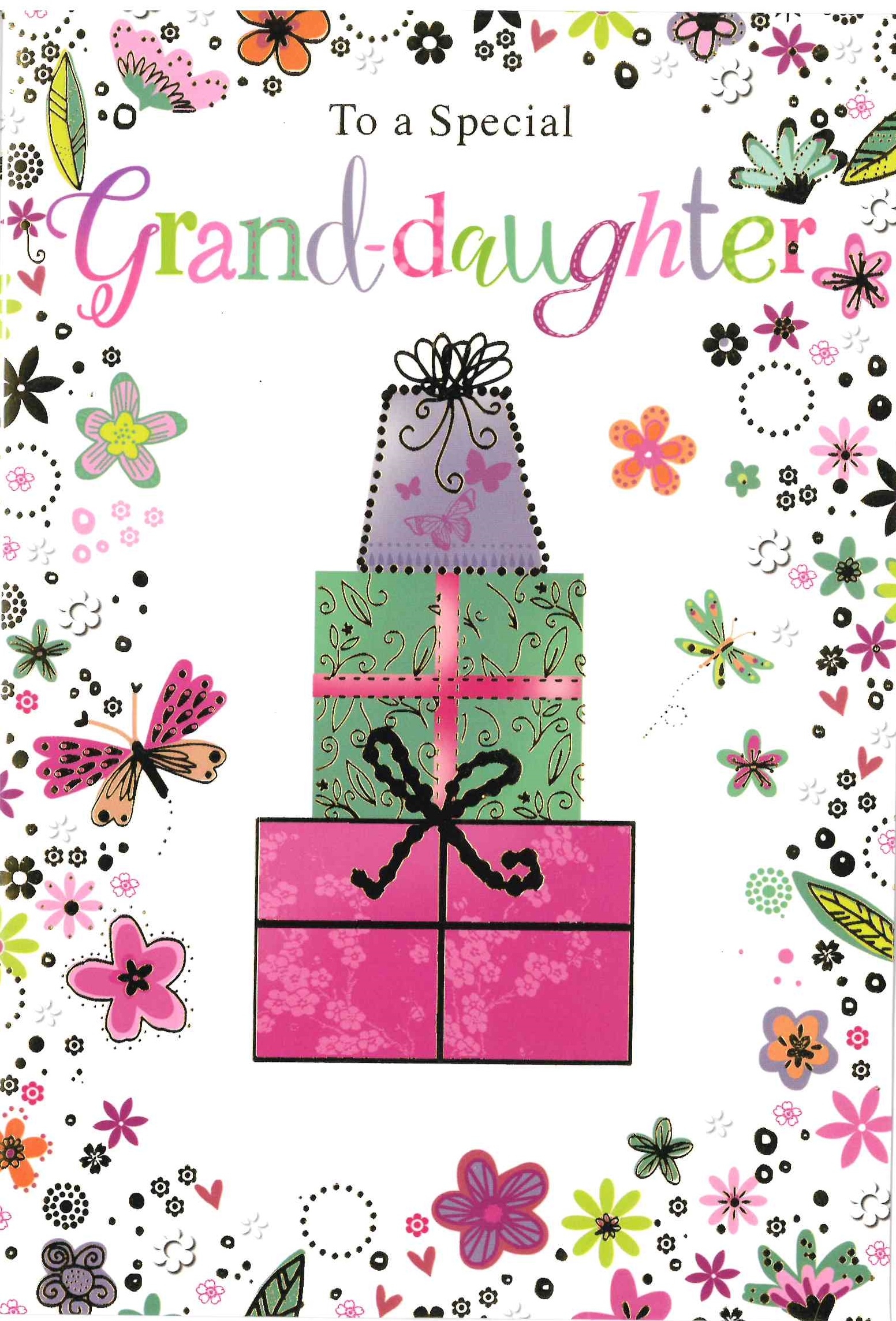BIRTHDAY CARDS,Granddaughter Butterlies & Presents