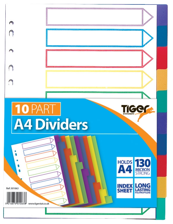 RING BINDER DIVIDERS,A4 10 Part 130 Micron Polypropylene [Splittable]