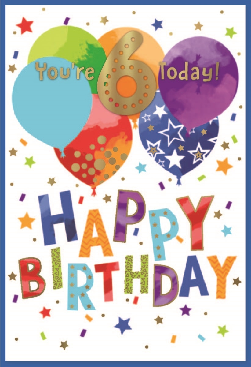 AGE 6 CARDS,Male 6`s Balloons & Stars