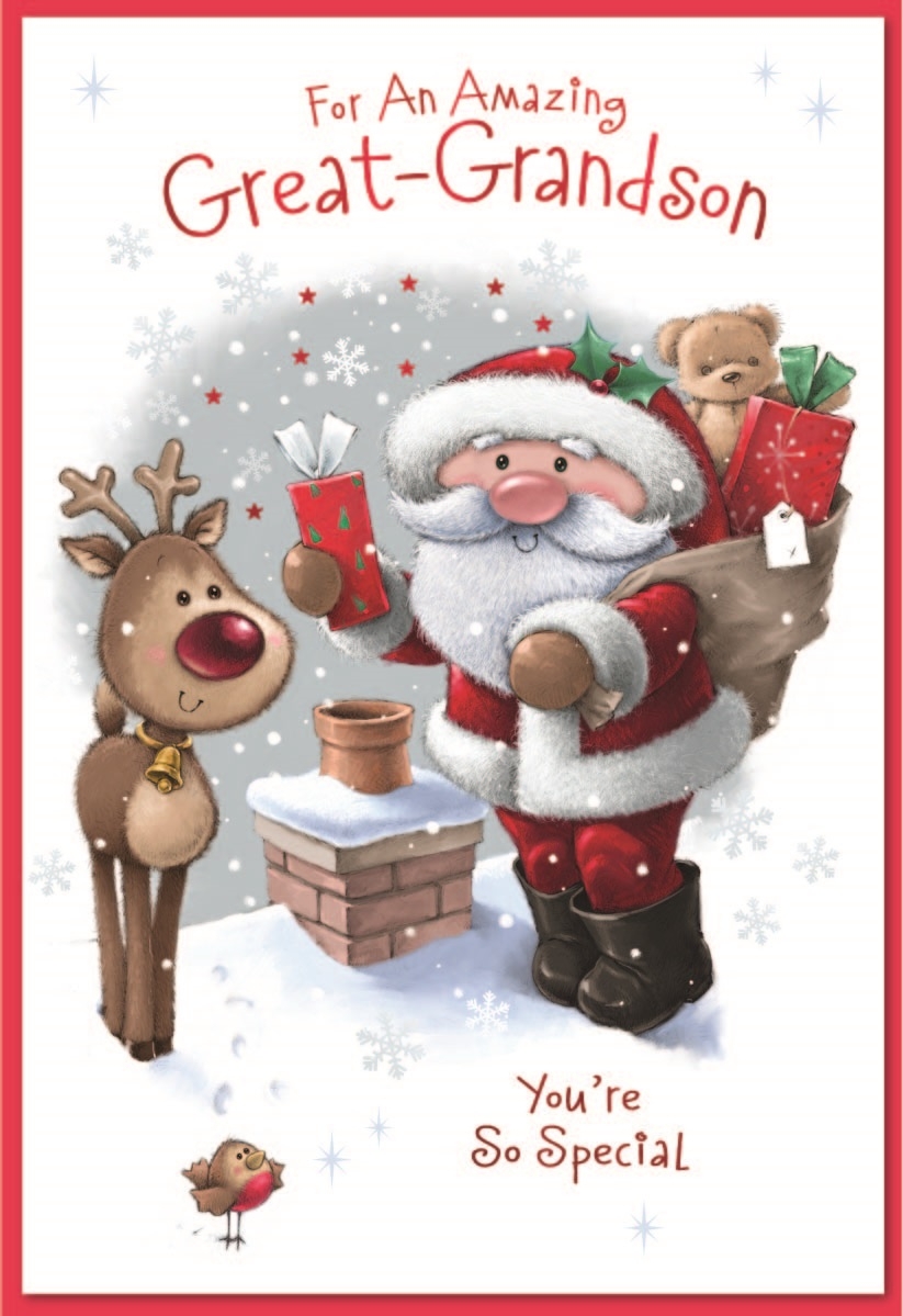XMAS CARDS,Great Grandson 6`s Santa at Chimney with Reindeer