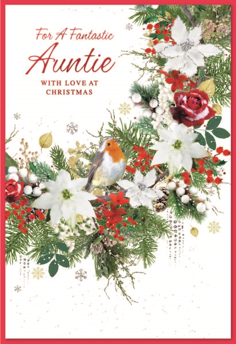 XMAS CARDS,Auntie 6`s Robin in Floral Wreath