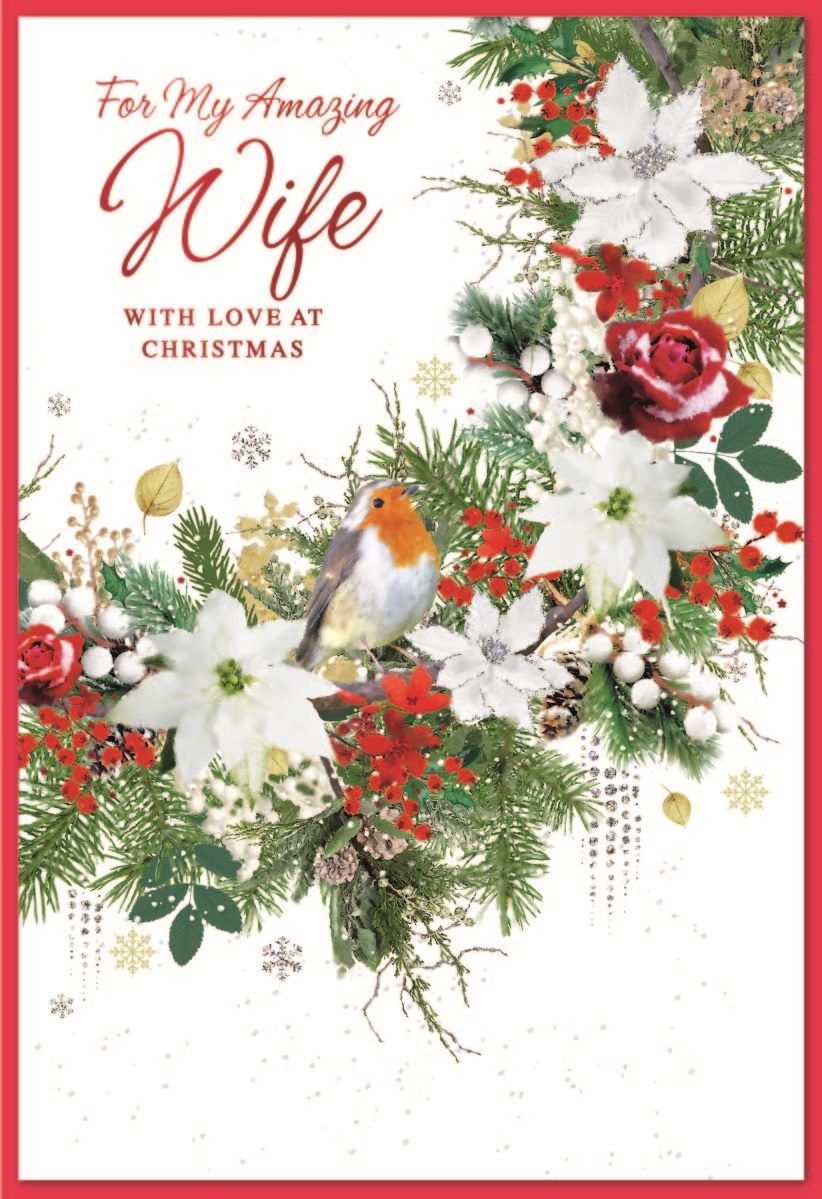 XMAS CARDS,Wife 6`s Robin in Floral Wreath