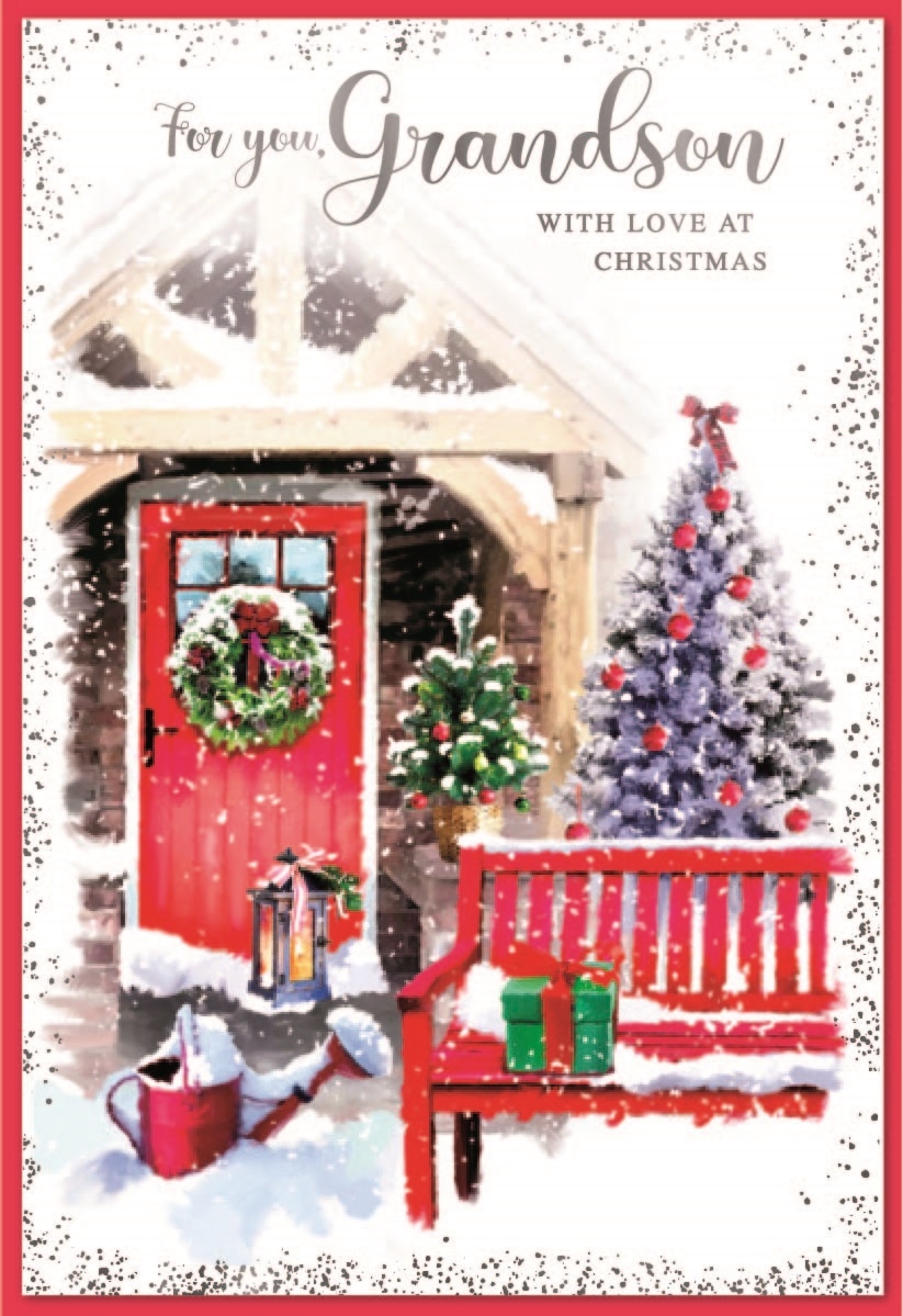 XMAS CARDS,Grandson 6`s Decorated Snowy Front Garden