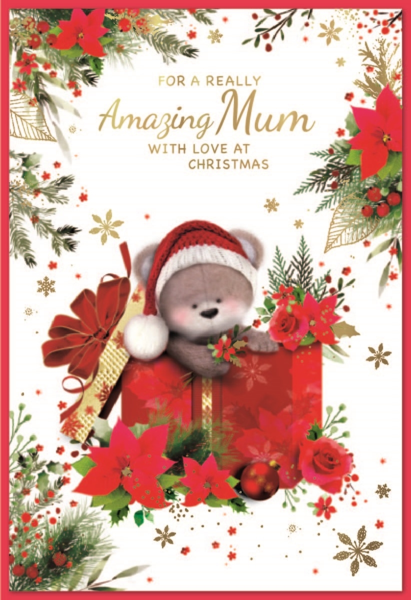 XMAS CARDS,Mum 6`s Teddy, Poinsettia & Present