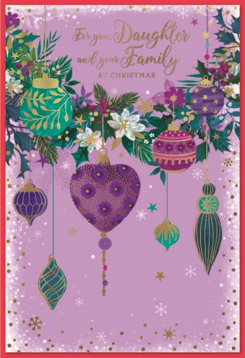 XMAS CARDS,Daughter & Family 6`s Baubles & Wreath Purple