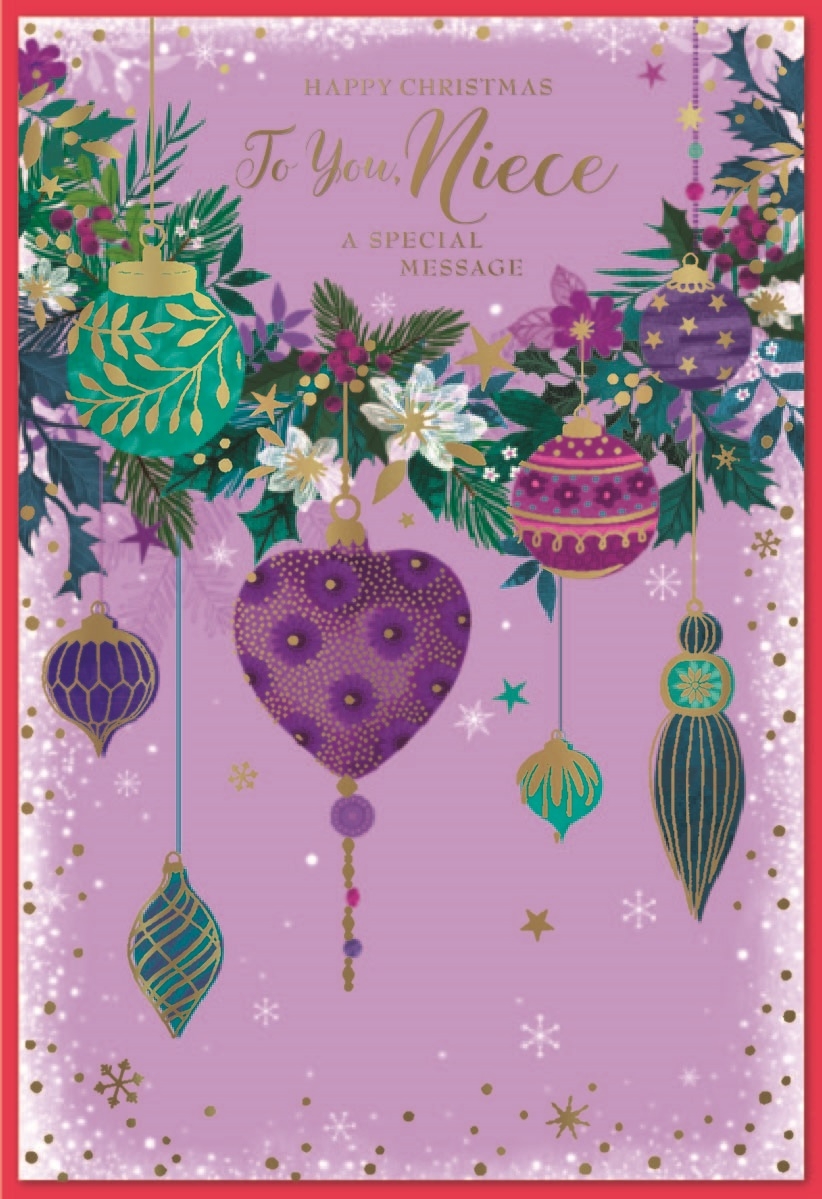 XMAS CARDS,Niece 6`s Baubles & Wreath Purple
