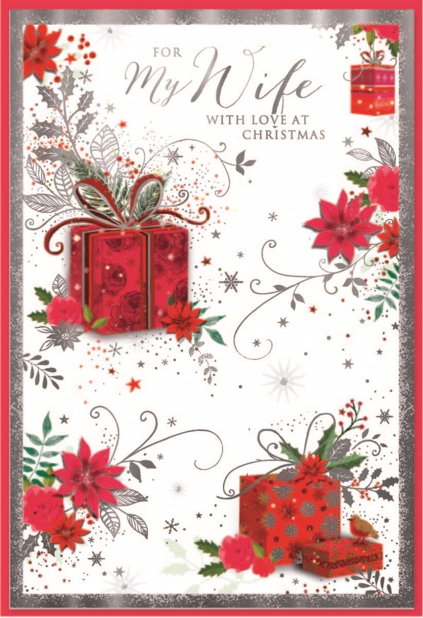 XMAS CARDS,Wife 6`s Red Presents & Poinsettia