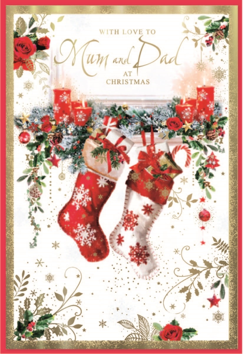 XMAS CARDS,Mum & Dad 6`s Stockings on the Fireplace