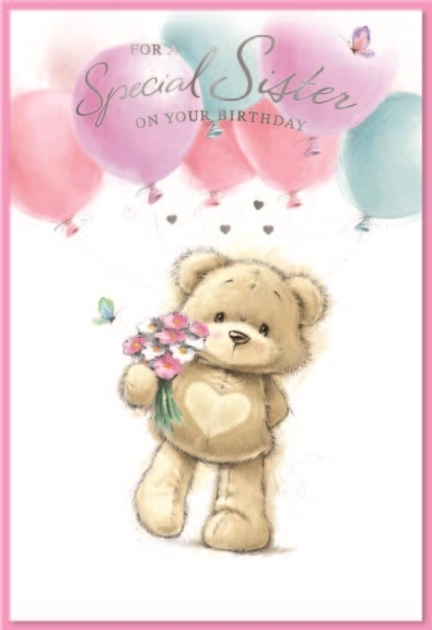 BIRTHDAY CARDS,Sister 6`s Teddy & Balloons Pink