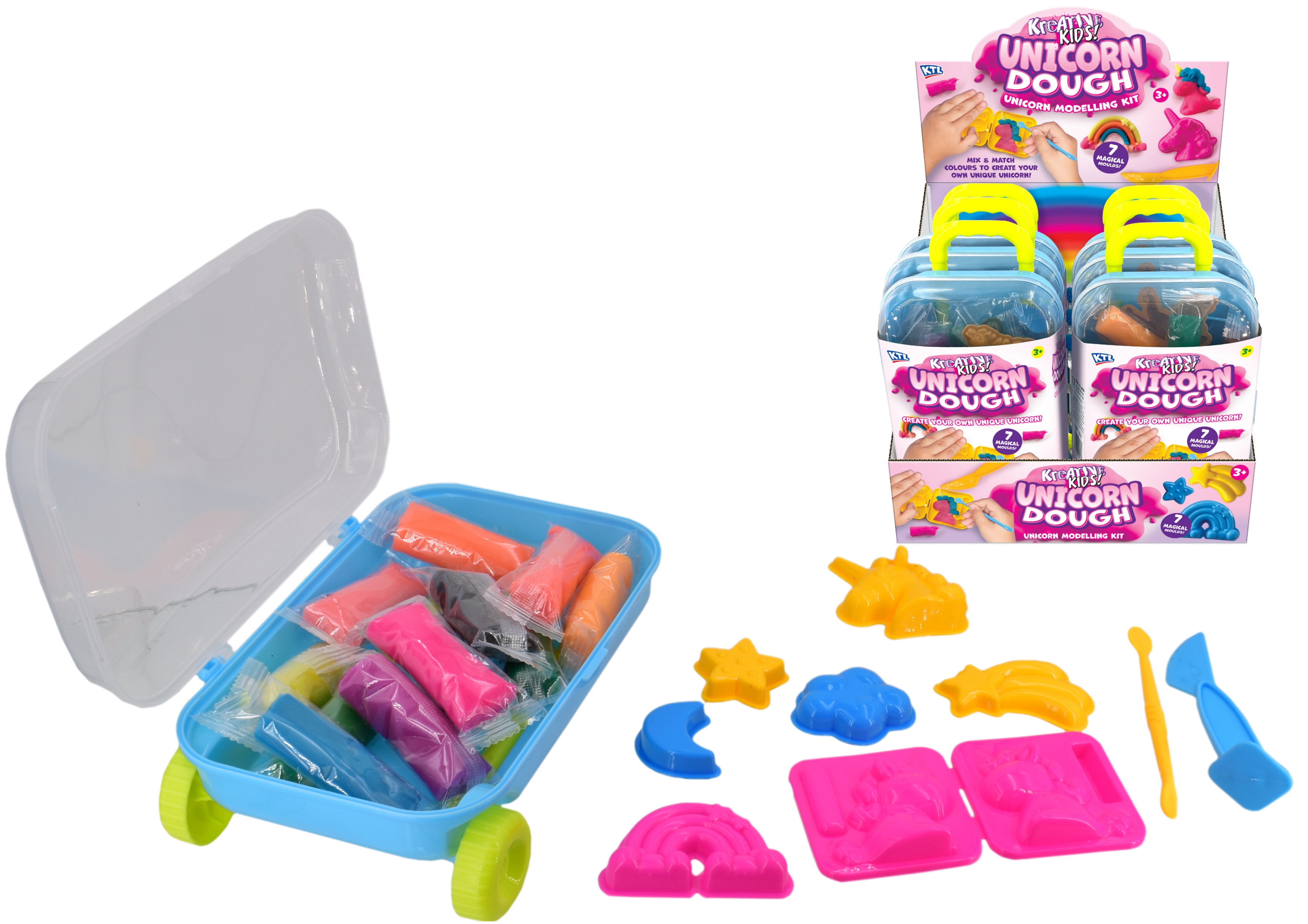 UNICORN DOUGH In Travel Case Inc. 7 Moulds, 12 Colours, CDU [Splittable]