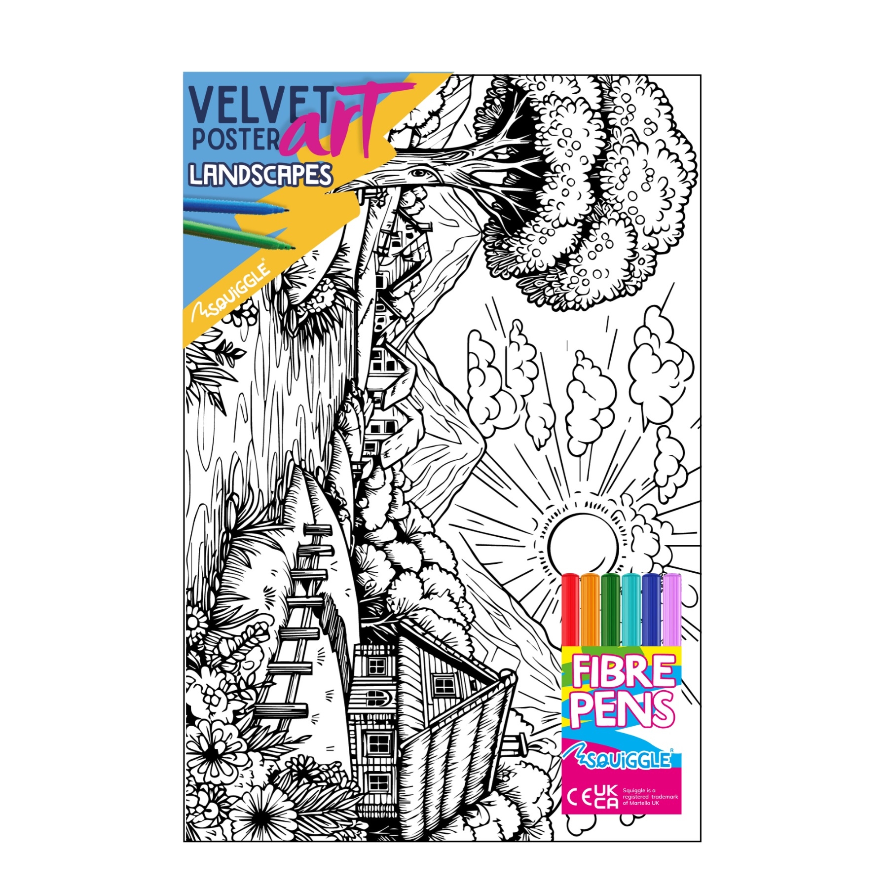 VELVET POSTER ART,Landscapes 3 Assorted & 6 Fibre Pens [Packs Only]