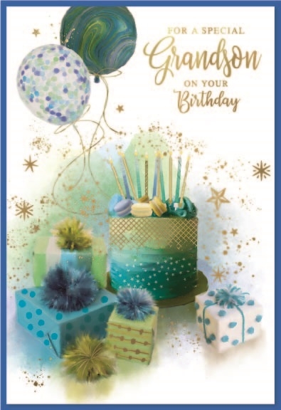BIRTHDAY CARDS,Grandson 6`s Cake, Balloons & Presents