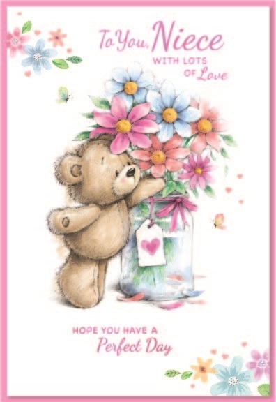 BIRTHDAY CARDS,Niece 6`s Teddy with Flowers