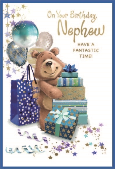 BIRTHDAY CARDS,Nephew 6`s Bear, Presents & Balloons