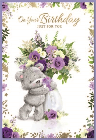 BIRTHDAY CARDS,6`s Teddy with Flowers