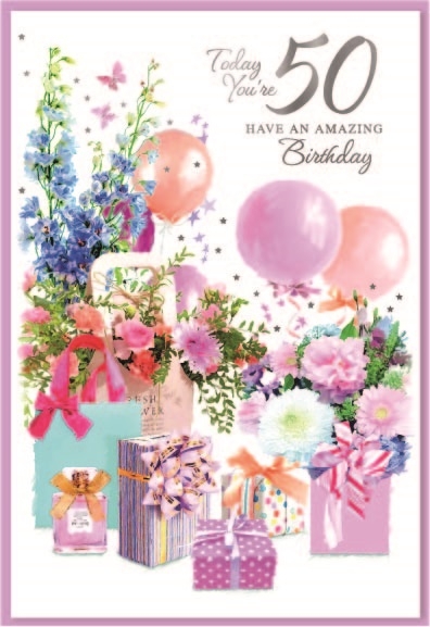 AGE 50 CARDS,Female 6`s Floral Present & Balloons