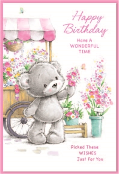 BIRTHDAY CARDS,6`s Teddy at Flower Stall