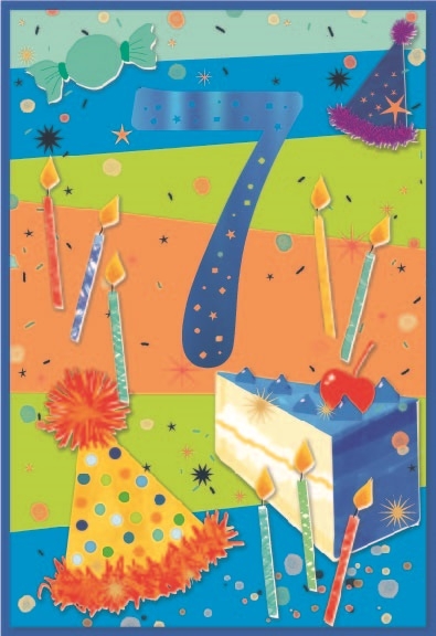 AGE 7 CARDS,Male 6`s Cake, Candles & Hats