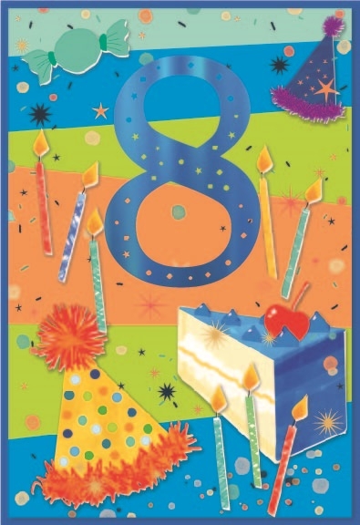 AGE 8 CARDS,Male 6`s Cake, Candles & Hats