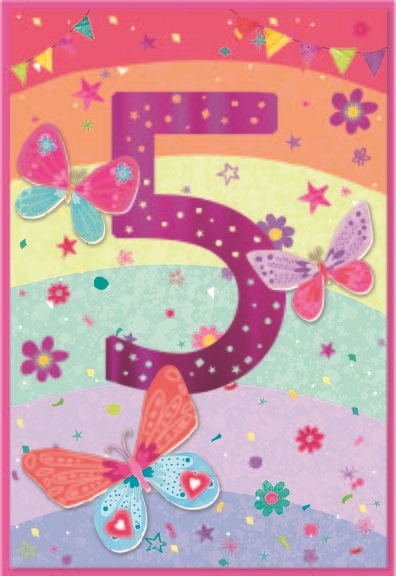 AGE 5 CARDS,Female 6`s Butterflies & Rainbow