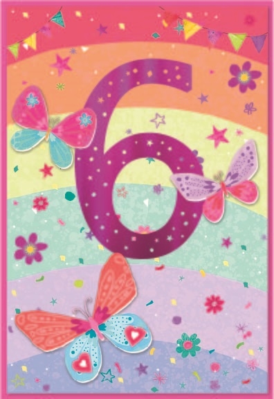 AGE 6 CARDS,Female 6`s Butterflies & Rainbow